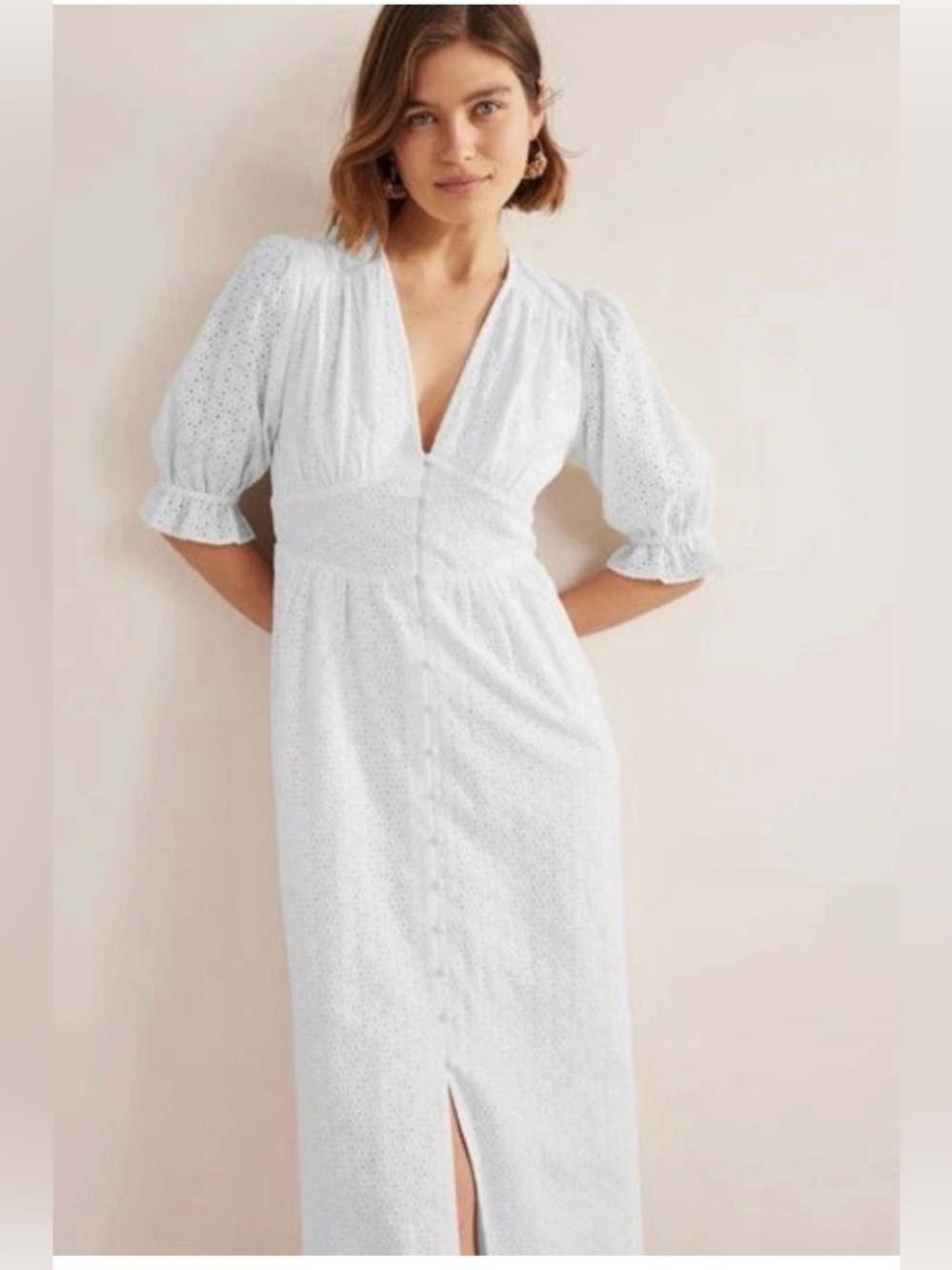 Boden White Eyelet Button-Front Midi Dress - Picture 2 of 9